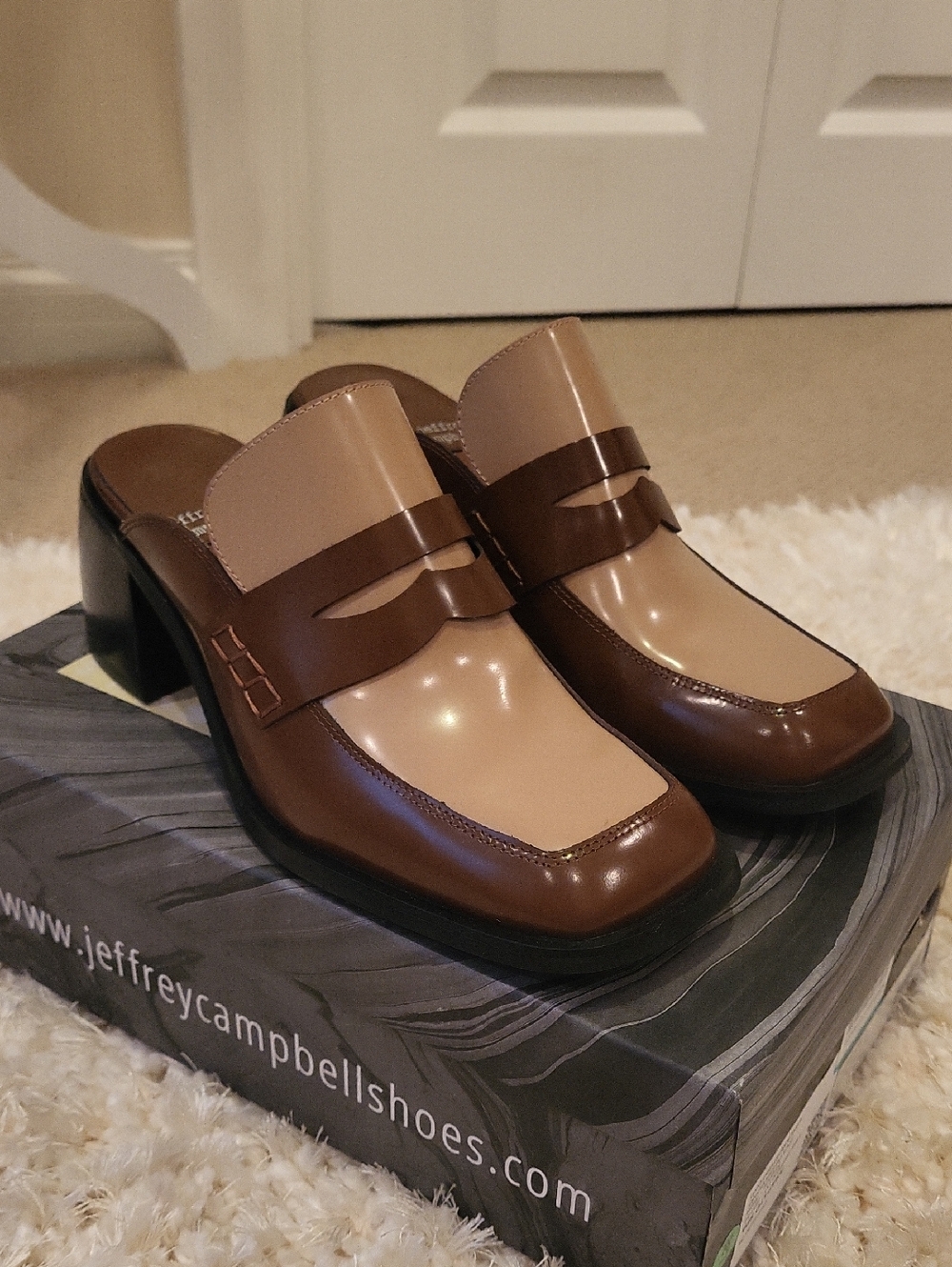 Jeffrey Campbell Two-Tone Tan and Brown Penny Mule Heels